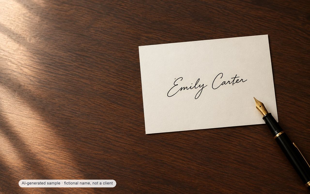 Handwritten signature design example on a cream card with a fountain pen — AI-generated demonstration, fictional name