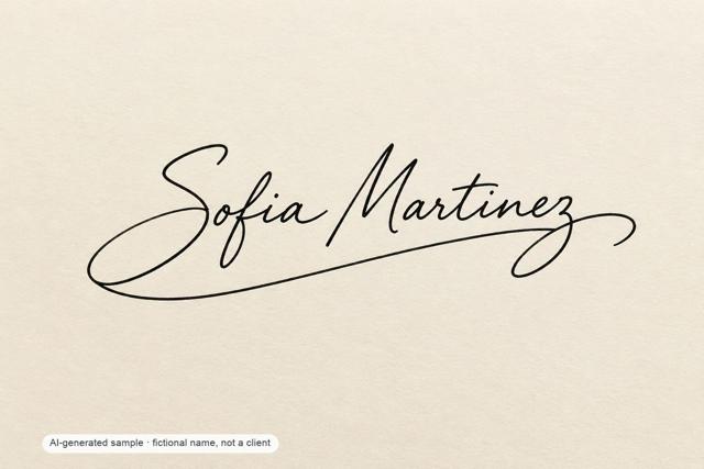 Sofia Martinez — flowing signature with flourish — AI-generated demonstration image for this preview. Not a brush original, not a paid commission, not a scan of handmade work.