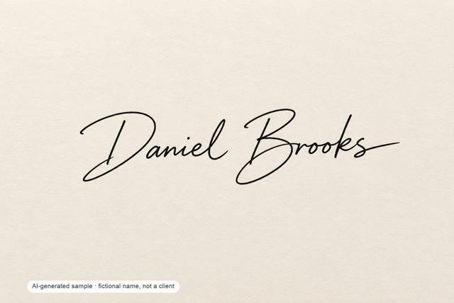 Daniel Brooks — clean modern signature — AI-generated demonstration image for this preview. Not a brush original, not a paid commission, not a scan of handmade work.