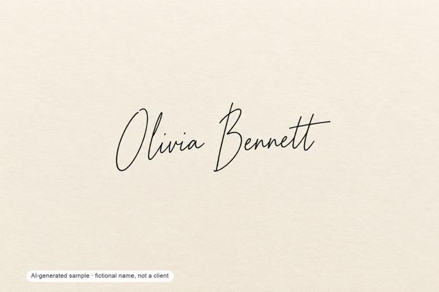 Olivia Bennett — minimalist monoline signature — AI-generated demonstration image for this preview. Not a brush original, not a paid commission, not a scan of handmade work.