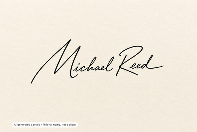 Michael Reed — fast autograph signature — AI-generated demonstration image for this preview. Not a brush original, not a paid commission, not a scan of handmade work.