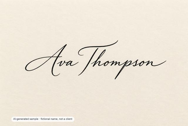 Ava Thompson — pointed-pen calligraphy signature — AI-generated demonstration image for this preview. Not a brush original, not a paid commission, not a scan of handmade work.