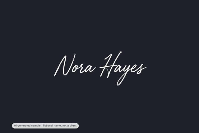Nora Hayes — white signature logo — AI-generated demonstration image for this preview. Not a brush original, not a paid commission, not a scan of handmade work.