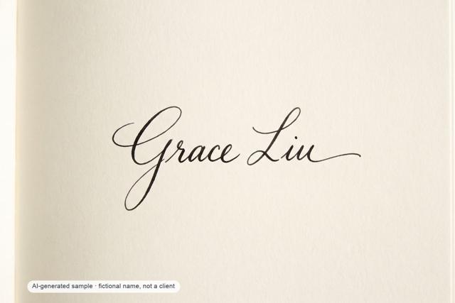 Grace Liu — flowing cursive signature — AI-generated demonstration image for this preview. Not a brush original, not a paid commission, not a scan of handmade work.
