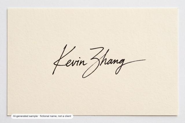 Kevin Zhang — business signature — AI-generated demonstration image for this preview. Not a brush original, not a paid commission, not a scan of handmade work.