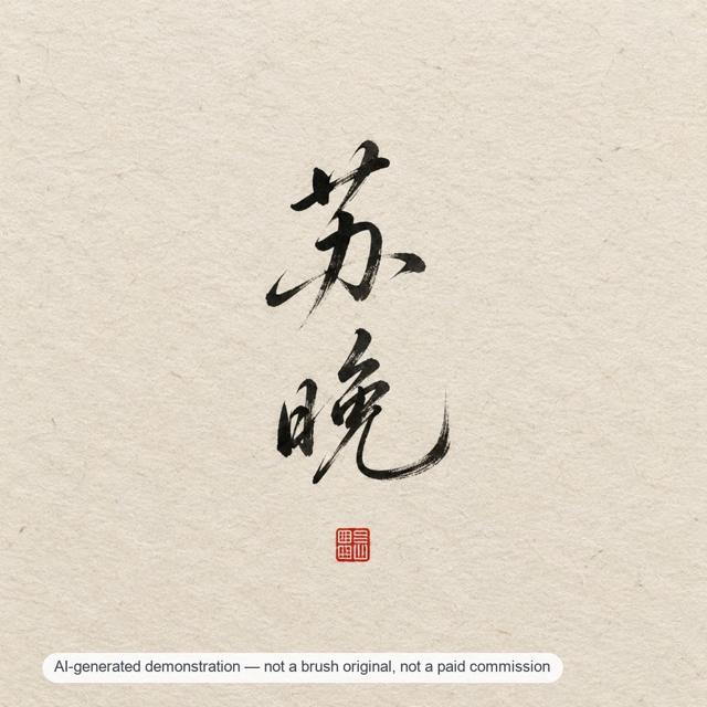 Suwan — flowing signature study — AI-generated demonstration image for this preview. Not a brush original, not a paid commission, not a scan of handmade work.