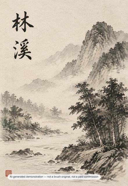 Linxi — name layout — AI-generated demonstration image for this preview. Not a brush original, not a paid commission, not a scan of handmade work.