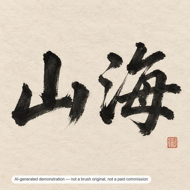 Shanhai — modern two-character phrase — AI-generated demonstration image for this preview. Not a brush original, not a paid commission, not a scan of handmade work.