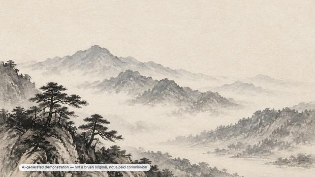 Distant ridges — ink wash study — AI-generated demonstration image for this preview. Not a brush original, not a paid commission, not a scan of handmade work.