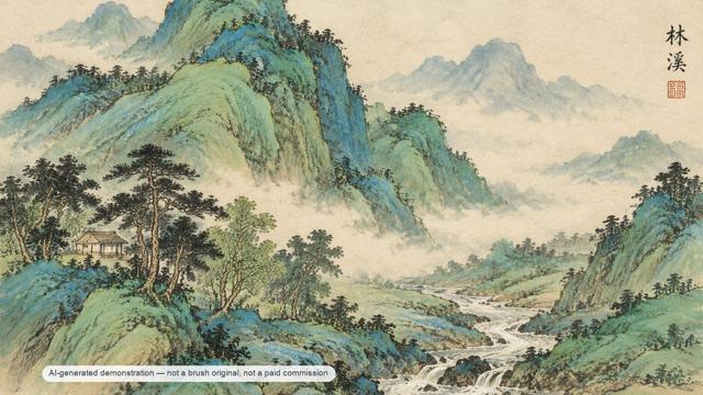 Linxi among green ridges — AI-generated demonstration image for this preview. Not a brush original, not a paid commission, not a scan of handmade work.