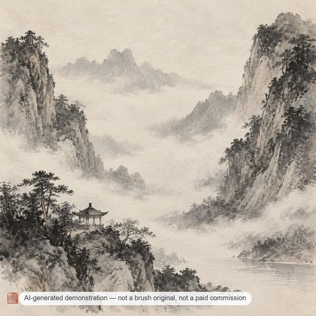 Mist valley — square study — AI-generated demonstration image for this preview. Not a brush original, not a paid commission, not a scan of handmade work.