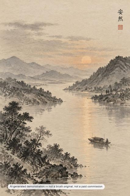 River evening with Anran — AI-generated demonstration image for this preview. Not a brush original, not a paid commission, not a scan of handmade work.